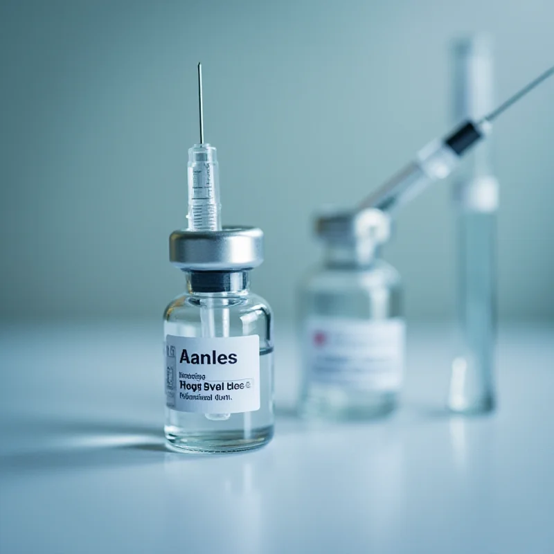 A close-up shot of a vial of measles vaccine with a syringe.