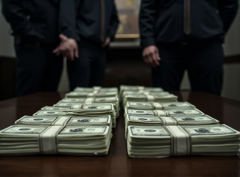 Stacks of cash seized by law enforcement, displayed on a table, with officers blurred in the background.