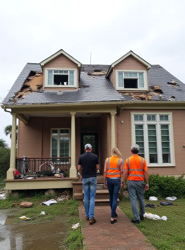 A family standing in front of a damaged home after a hurricane, with FEMA personnel in the background offering assistance.