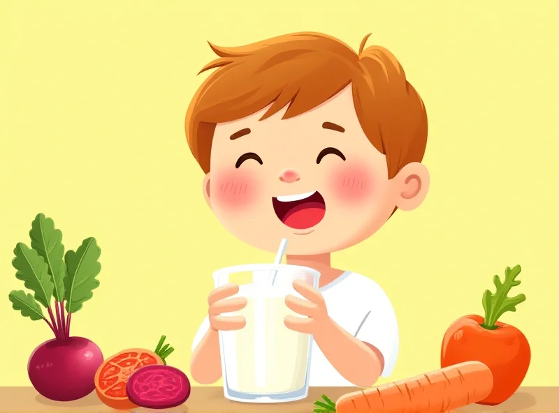 A cartoon image of a happy child drinking a glass of milk with vegetables floating around it.