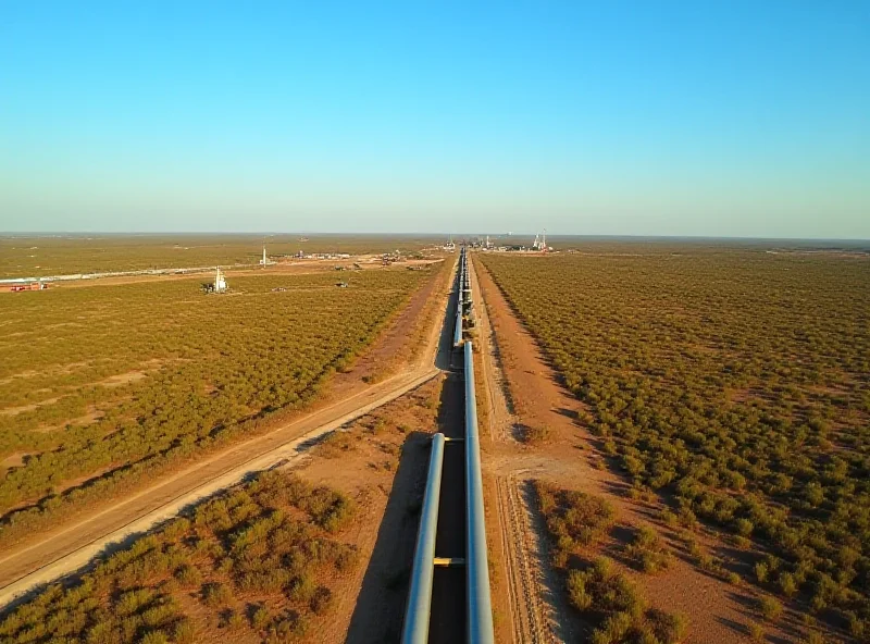 Aerial view of a natural gas pipeline stretching across a Texas landscape.