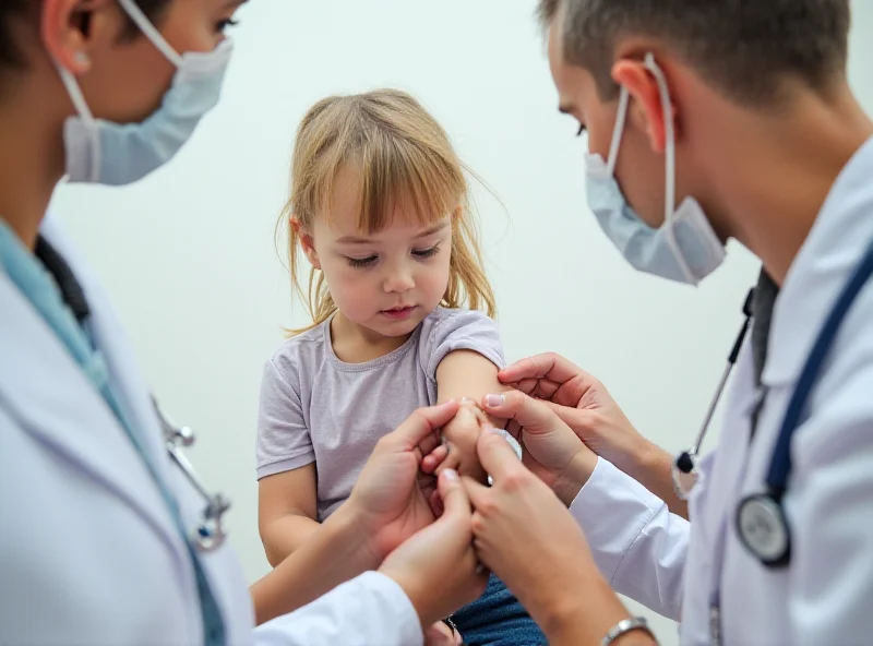 A young child receiving a measles vaccination from a doctor.