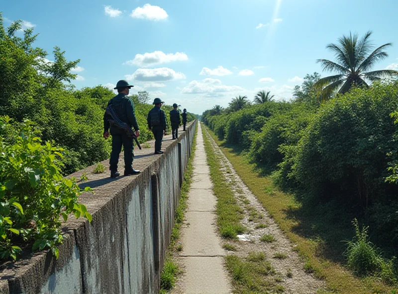 A long concrete wall stretches across a jungle landscape, marking the border between Thailand and Cambodia. Soldiers patrol the wall, keeping watch.