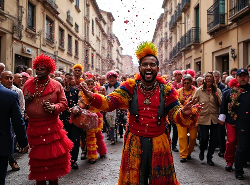 A lively street scene in Lugo, Spain during the Entroido festival. People are dressed in colorful costumes, celebrating with music and dancing.