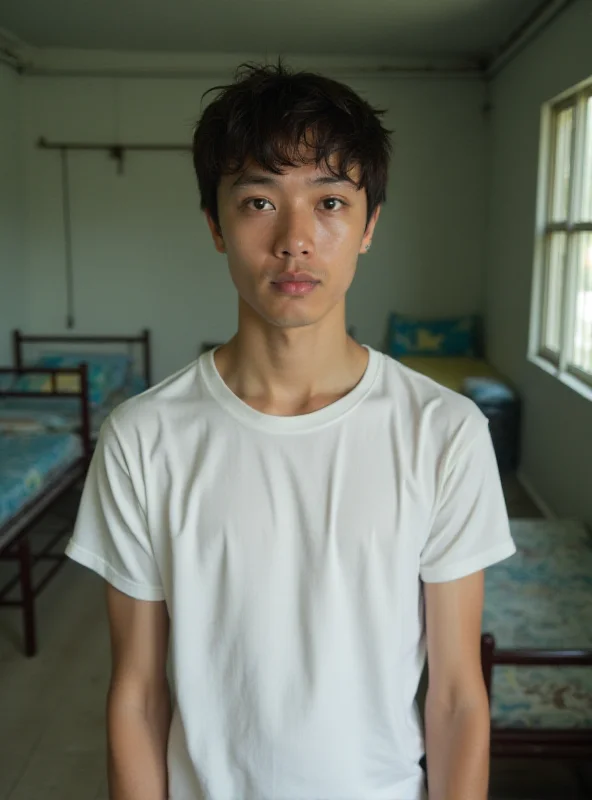 Daniel Sancho, a young man with short dark hair, is pictured inside Surat Thani prison in Thailand. He is wearing a plain white t-shirt and appears calm and composed.