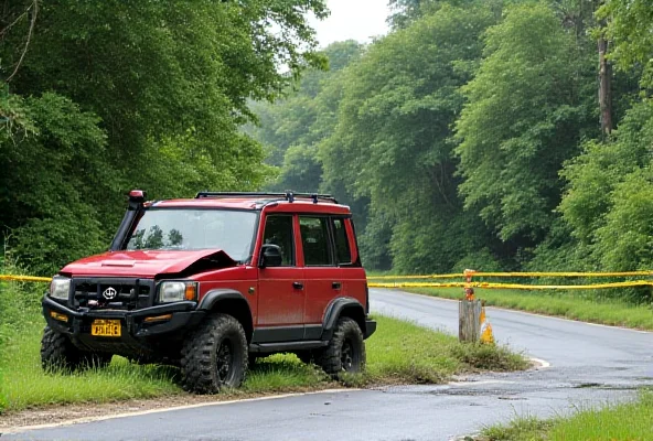 A wrecked quad bike lying on its side next to a concrete barrier on a rural road in Thailand. The scene is cordoned off with police tape.