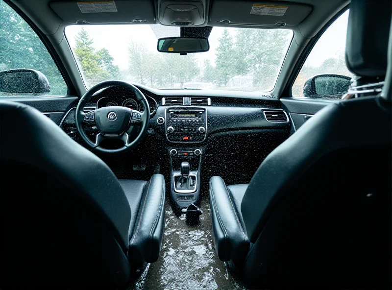 The interior of a car with the seats removed and water hoses lying inside. The dashboard is wet and there is water damage visible on the interior panels.