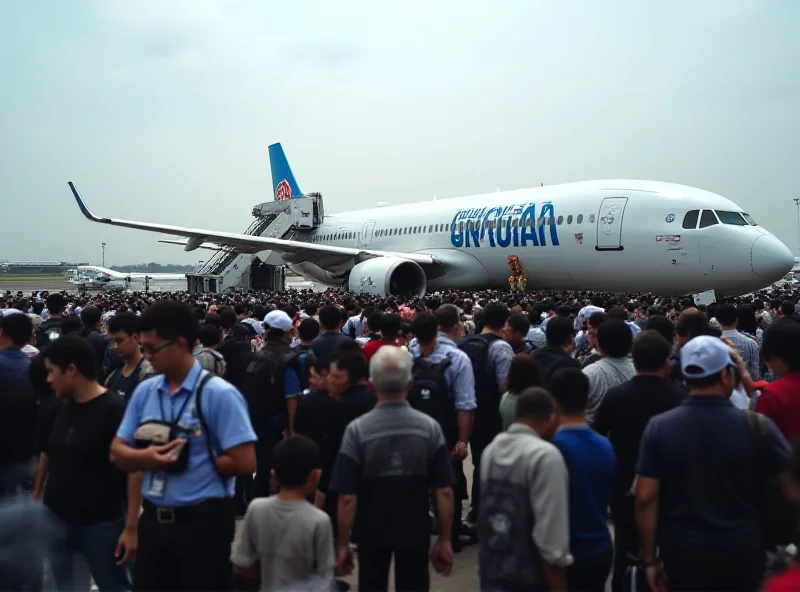 A crowded airport scene with people boarding a China Southern airplane.