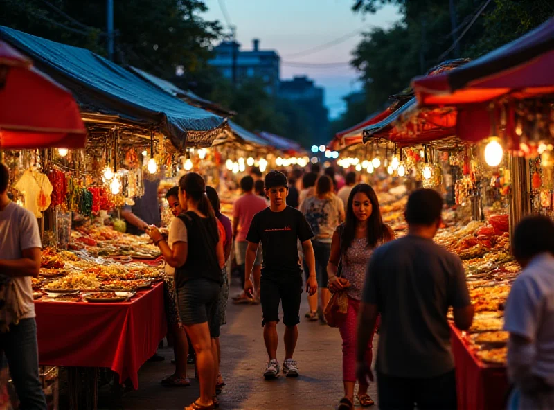 A bustling Thai street market with food stalls and tourists, showcasing the vibrant atmosphere.