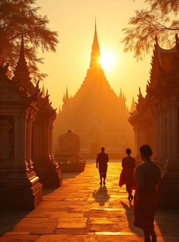 A serene Buddhist temple in Thailand, bathed in golden light, representing the spiritual aspect of the country's tourism.