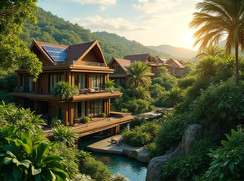 Illustration of a modern, eco-friendly Thai resort with solar panels and lush greenery