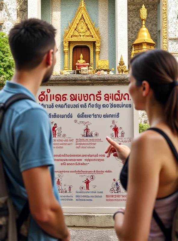 Two tourists standing in front of a temple, one discreetly pointing at a sign with cultural etiquette guidelines.