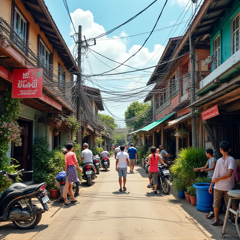 A Thai street scene with a mix of traditional houses and modern condo buildings, a 'No Short-Term Rentals' sign is subtly visible.