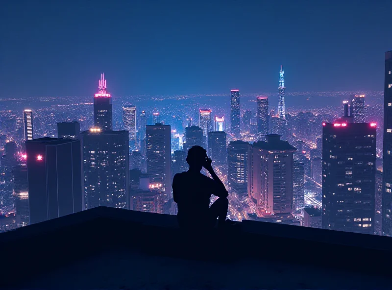 A person sitting alone, gazing at a colorful cityscape at night, deep in thought.