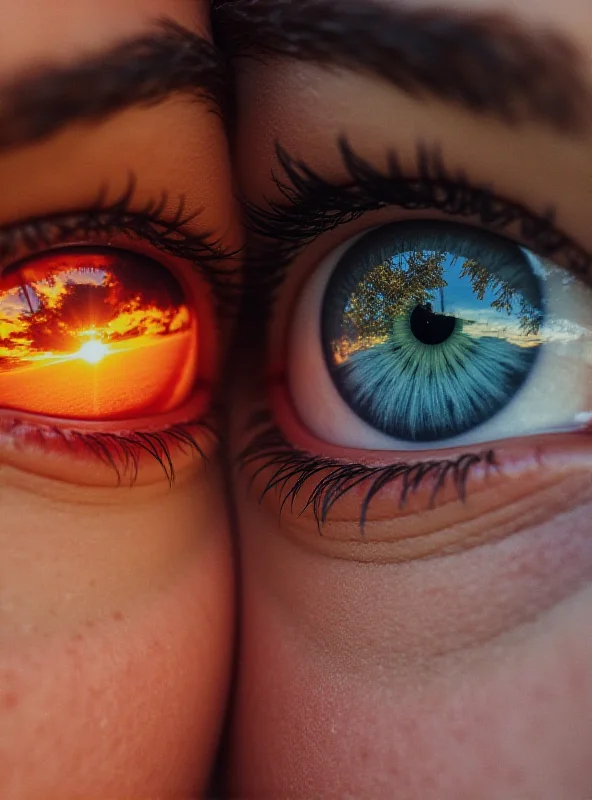 A close-up of two people's eyes reflecting different colors, symbolizing different perceptions.