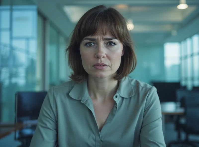 A woman sitting in front of a computer screen, looking concerned. The screen displays blurred and distorted images of the internet. The office environment is modern and sterile.