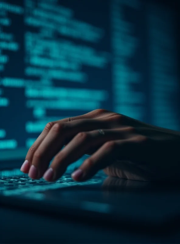 A close-up of a hand hovering over a computer mouse. The background is blurred, showing lines of code and internet browser icons. The lighting is dim and focused on the hand.