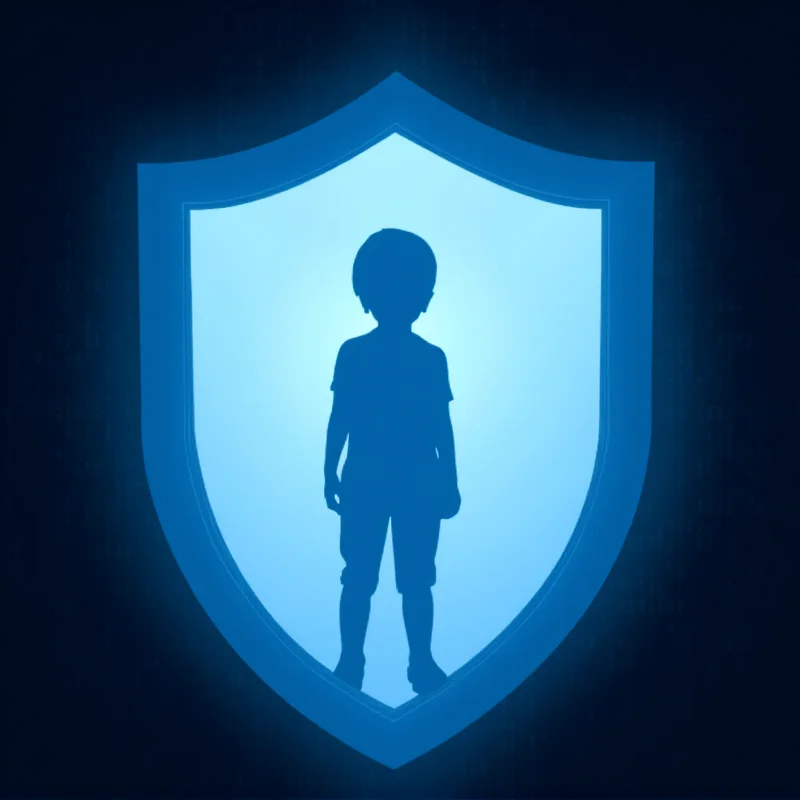 A symbolic image of a shield protecting a child's silhouette against a backdrop of digital code. The shield is bright and clean, while the code is dark and ominous, representing the fight against online threats.