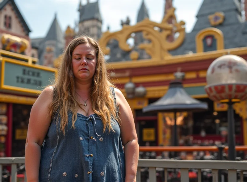 A person looking dejected in front of a Harry Potter themed ride at a theme park.