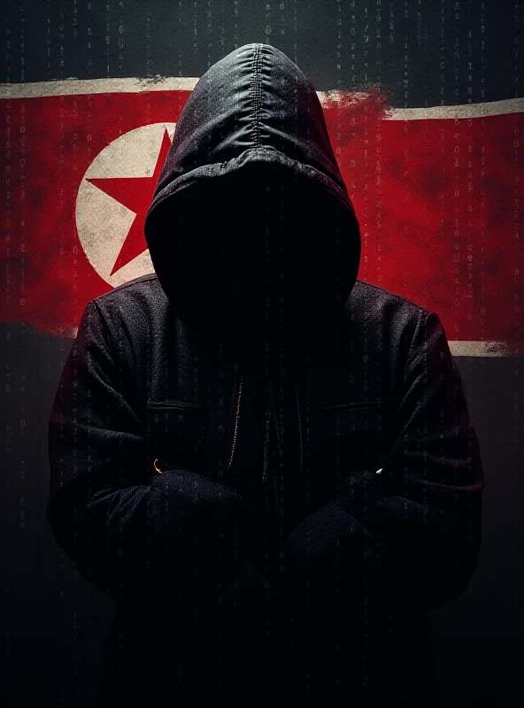 Abstract image representing cryptocurrency theft, with North Korean flag in the background.