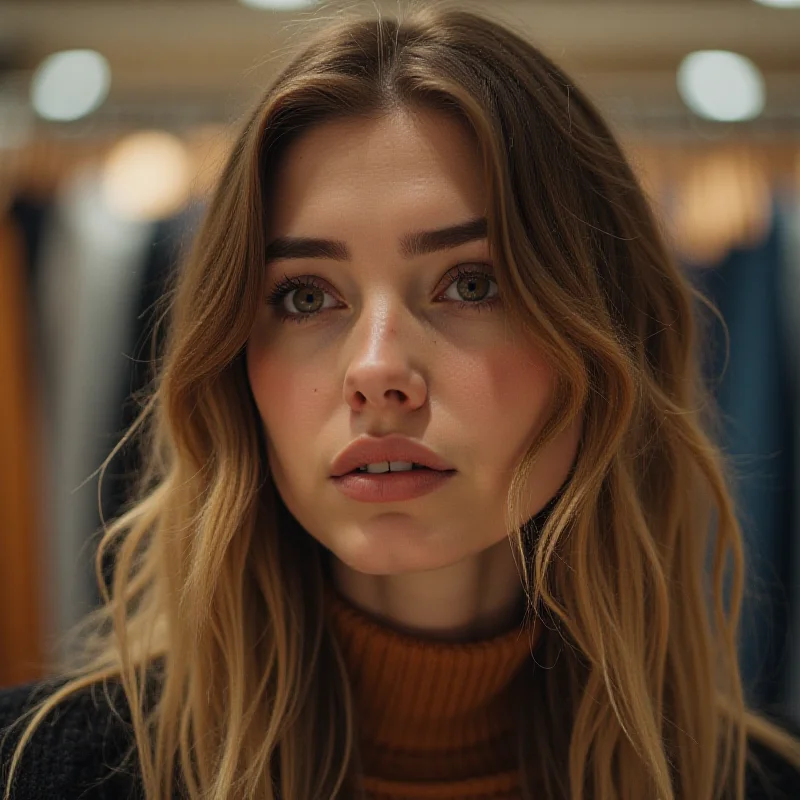 Close-up of a woman looking thoughtfully at clothing in a store.