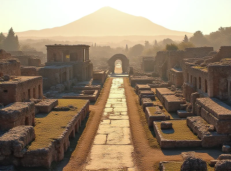 An aerial view of the ruins of Pompeii, showcasing the layout of the ancient city.