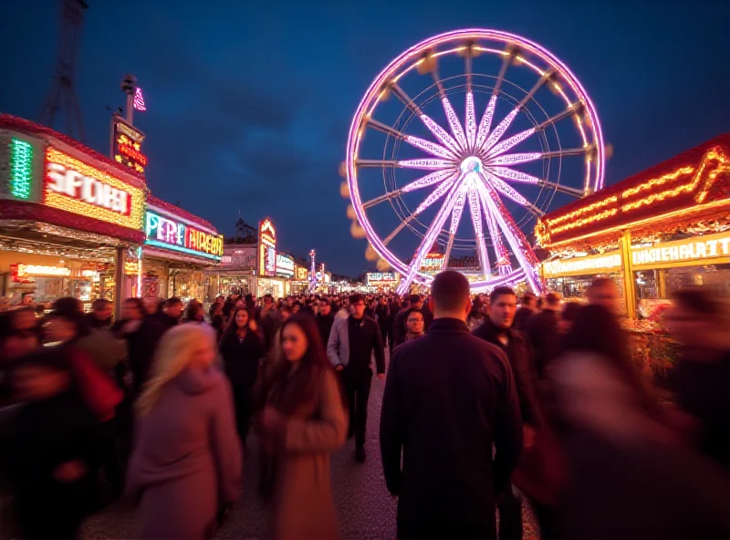 A vibrant photograph of the Matějská Fair in Prague, Czech Republic, showcasing the Ferris wheel and bustling crowds.