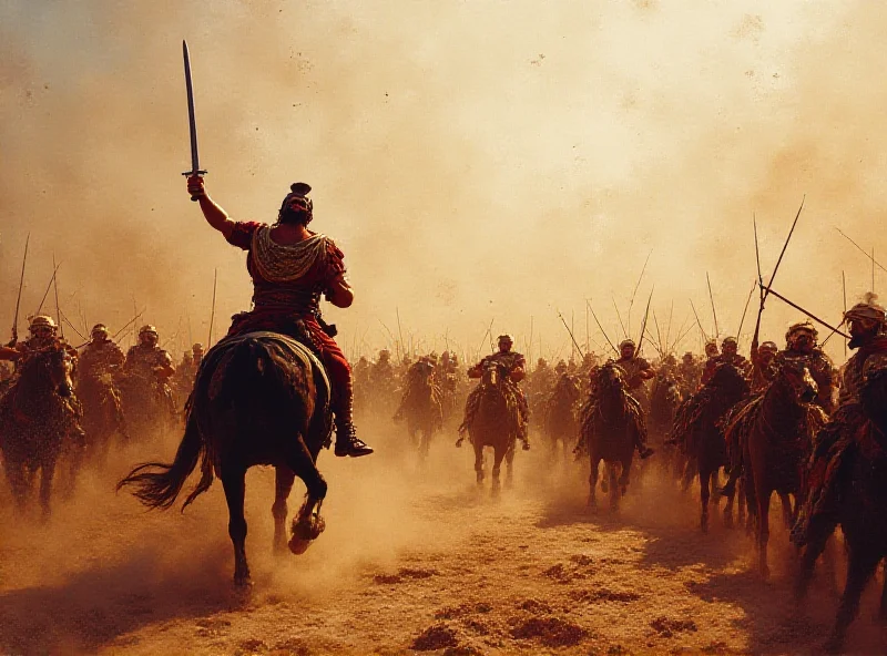 Depiction of the Battle of Gaugamela showing Alexander the Great leading his cavalry charge against the Persian forces, dust and chaos filling the battlefield.