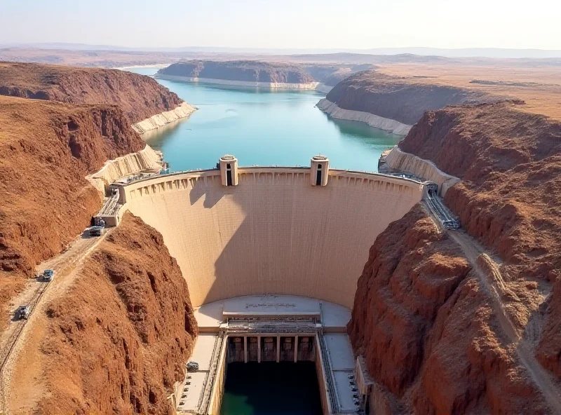 Aerial view of the Aswan High Dam stretching across the Nile River in Egypt, showcasing the vast reservoir behind it and the surrounding desert landscape.