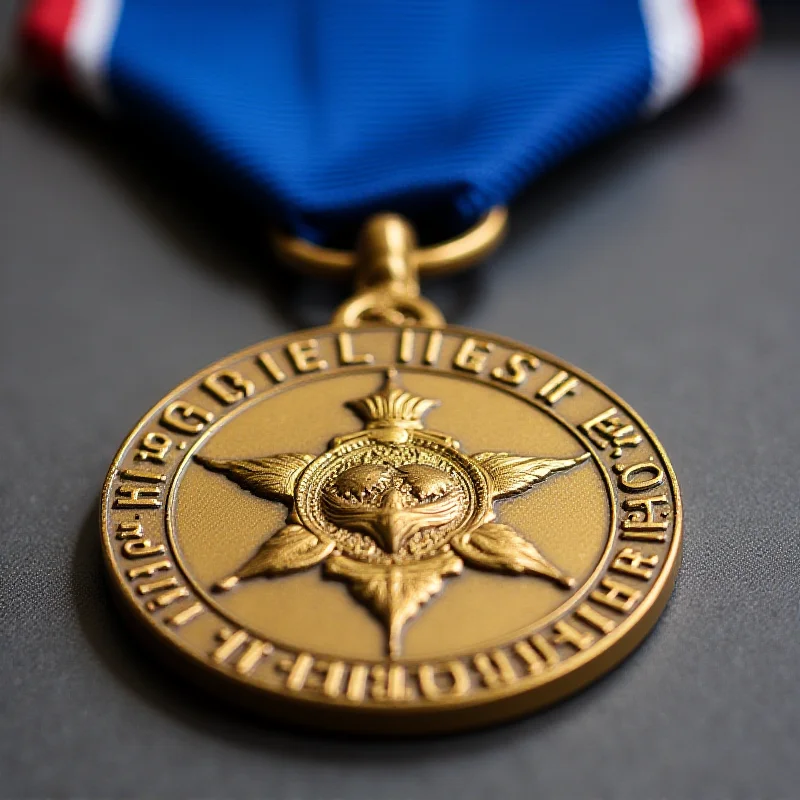 Close-up of the Medal of Honor, highlighting its intricate design and the blue ribbon, symbolizing the bravery and sacrifice of the recipient.