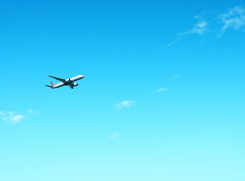 Illustration of an airplane flying through the sky with GPS satellites overhead, and the concept of time represented by clock hands.