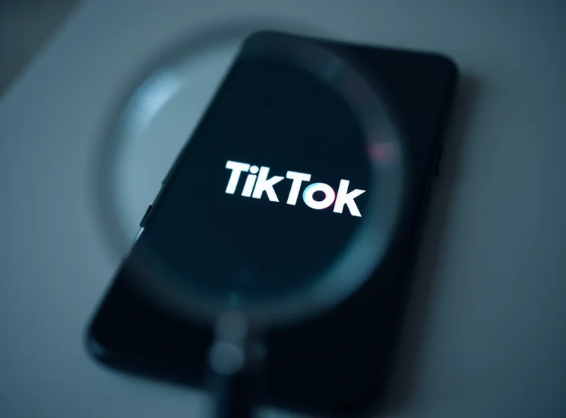 Illustration of a magnifying glass over a phone with the TikTok logo, symbolizing investigation into data privacy.