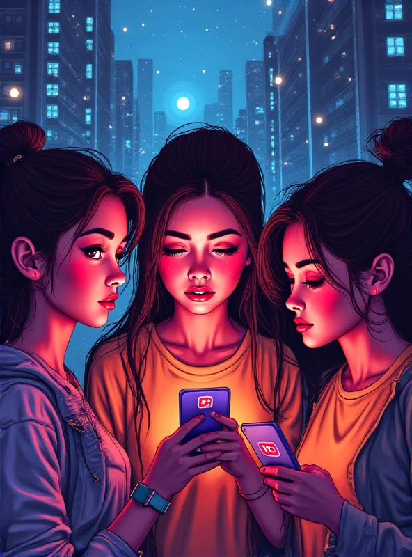 Digital illustration of a group of teenagers looking at their phones with the Youtube logo prominantly displayed on one of the screens.