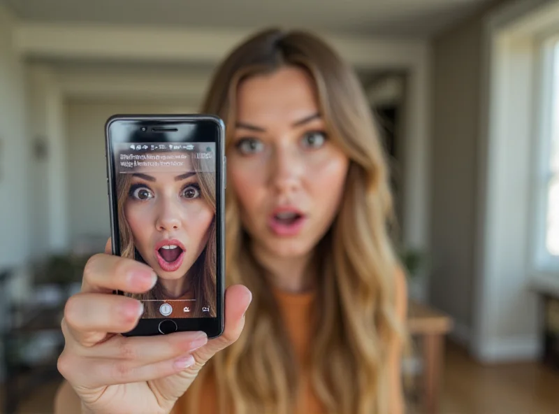 Woman looking at her phone with a surprised expression, seeing her face inverted on the screen