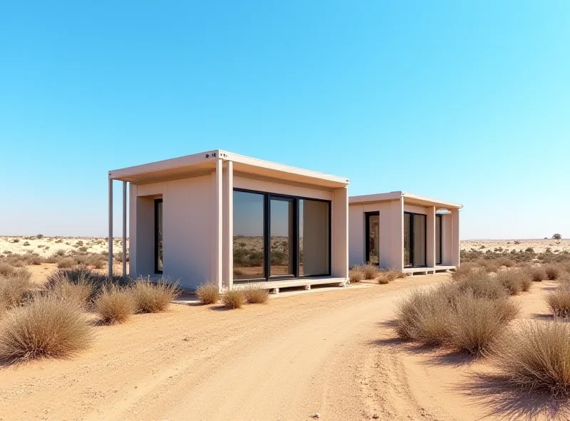 Modern home constructed from shipping containers in a desert landscape.