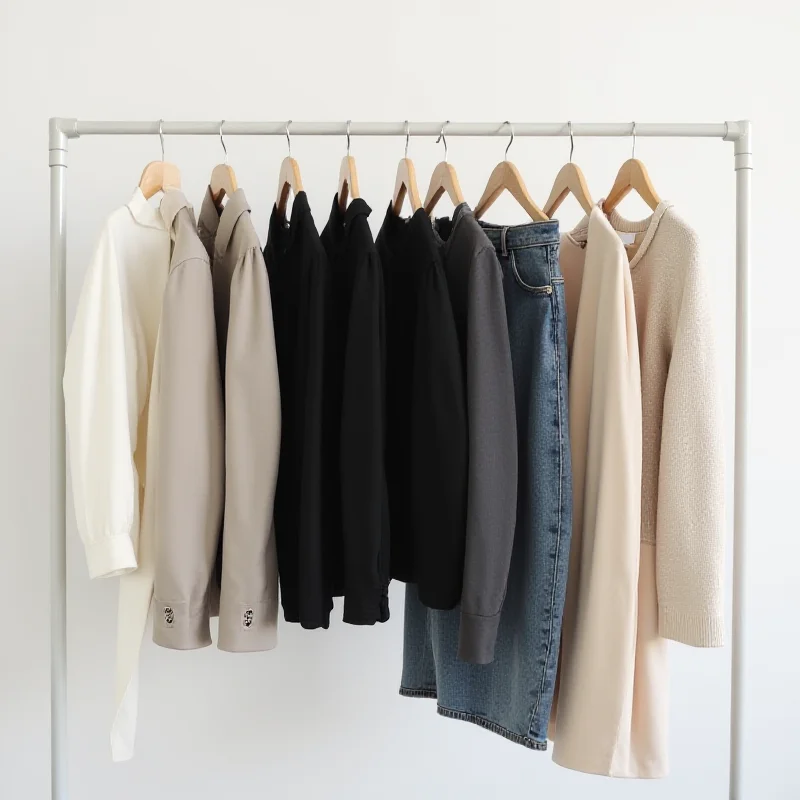 A capsule wardrobe of neutral-toned clothing items neatly arranged on a clothing rack.