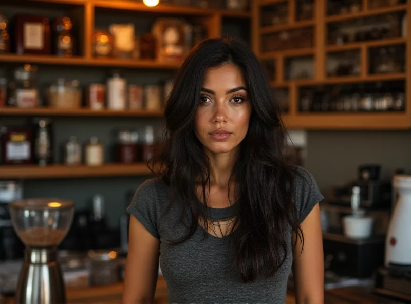 A woman stands behind the counter of a coffee shop, looking slightly distressed but hopeful, surrounded by coffee beans and equipment.