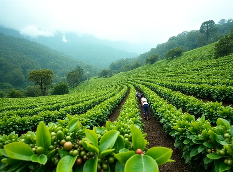 A wide shot of a lush, green coffee farm in the Ecuadorian cloud forest, with workers tending to the plants.