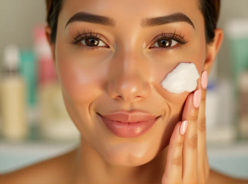 Close-up shot of a person applying skincare product to their face, with various beauty products displayed in the background.