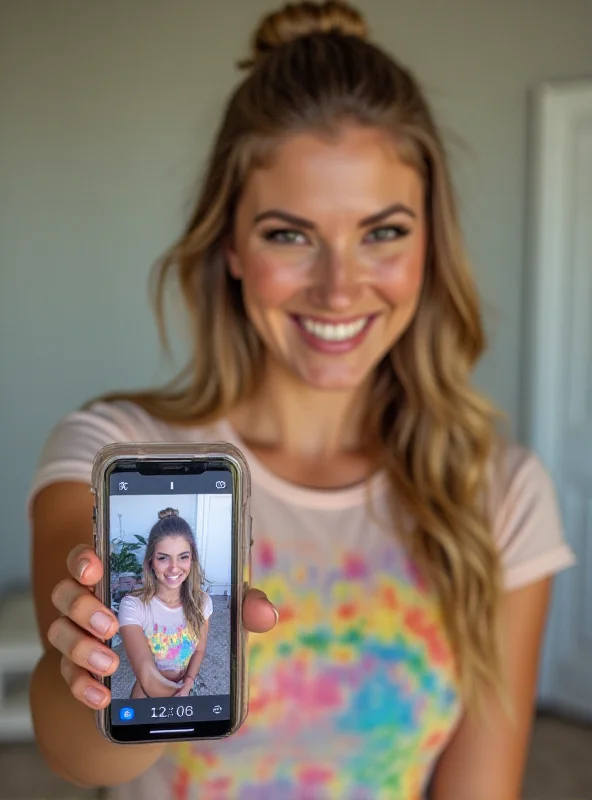 A young woman smiling and looking directly at the camera, holding a phone displaying the TikTok app. She is wearing a rainbow-colored shirt.