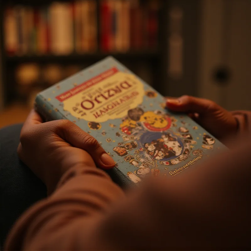 A person holding a book with a vibrant cover, focusing on themes of family, immigration, and integration. The background is blurred, suggesting a cozy, personal space.