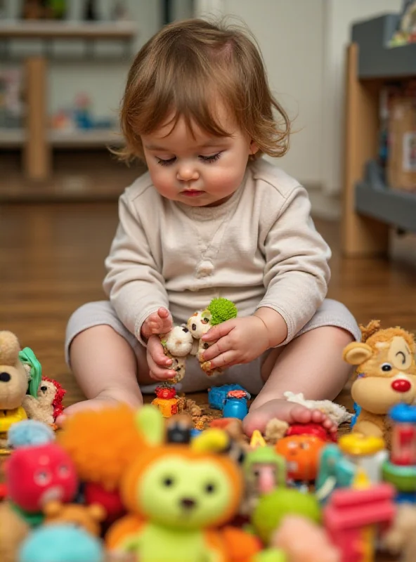 A toddler sitting amidst a pile of colorful toys, looking curiously at a small wooden block.