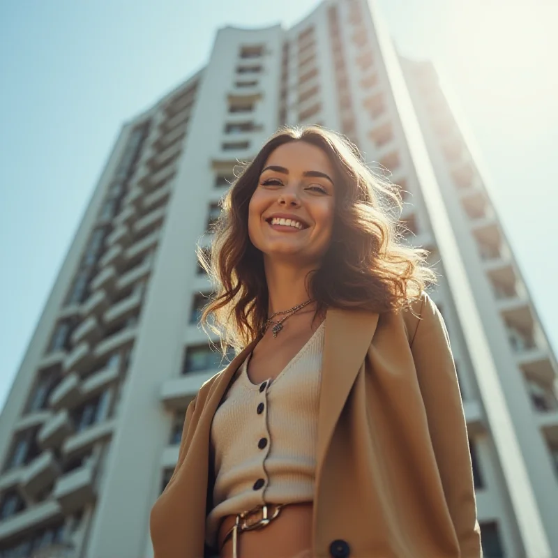 A young woman smiling confidently while standing in front of a modern building, symbolizing the influencer lifestyle.