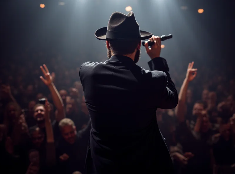 Justin Timberlake performing on stage with a microphone, bathed in stage lights, with a crowd of enthusiastic fans visible in the background.