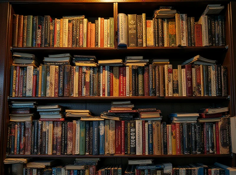 A cluttered bookshelf filled with various books of different sizes and colors. Some books are stacked horizontally, others vertically, creating a visually dense and diverse collection. The shelf is slightly worn, suggesting a well-loved and frequently used library.