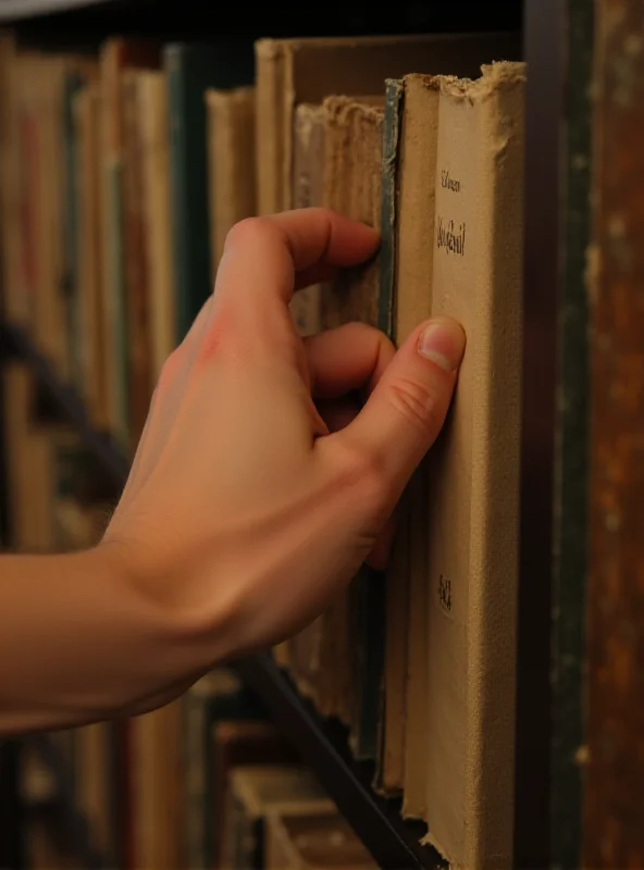 Close-up of a hand selecting a book from a shelf. The books are diverse, with varying spine colors and titles. The hand is reaching towards a book with a worn cover, suggesting a preference for well-loved or classic literature. The lighting is soft, highlighting the texture of the books and the hand.