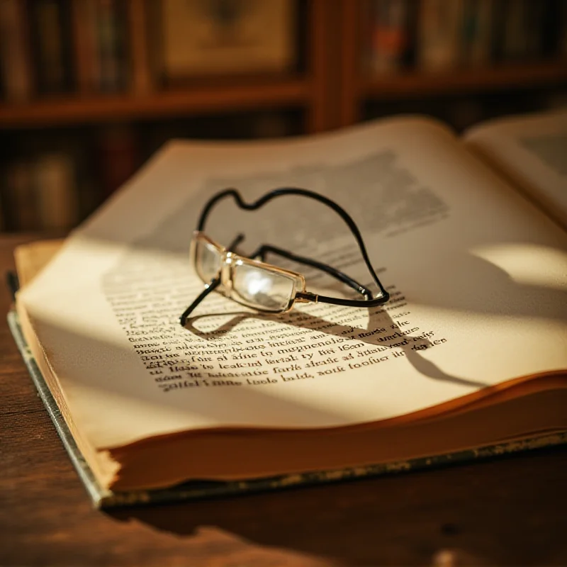 An open book lies on a wooden table, bathed in warm sunlight. The pages are filled with text, and a pair of reading glasses rest on top of the book. The background is slightly blurred, creating a cozy and inviting atmosphere. The scene suggests a peaceful moment of reading and reflection.