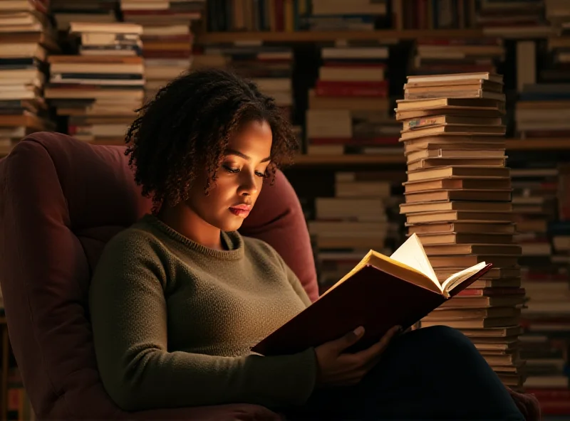 A person sitting in a comfortable armchair, surrounded by stacks of books, reading a novel. The room is cozy and well-lit, creating a warm and inviting atmosphere. The person appears engrossed in the book, suggesting a deep love of reading and literature. The scene evokes a sense of relaxation and intellectual stimulation.