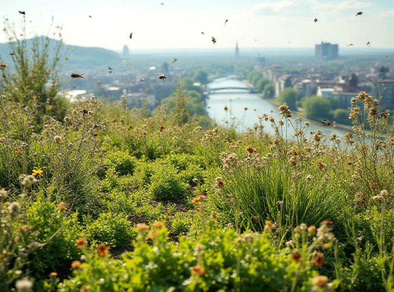 A vibrant green roof in Basel, Switzerland, teeming with plants, insects, and birds.