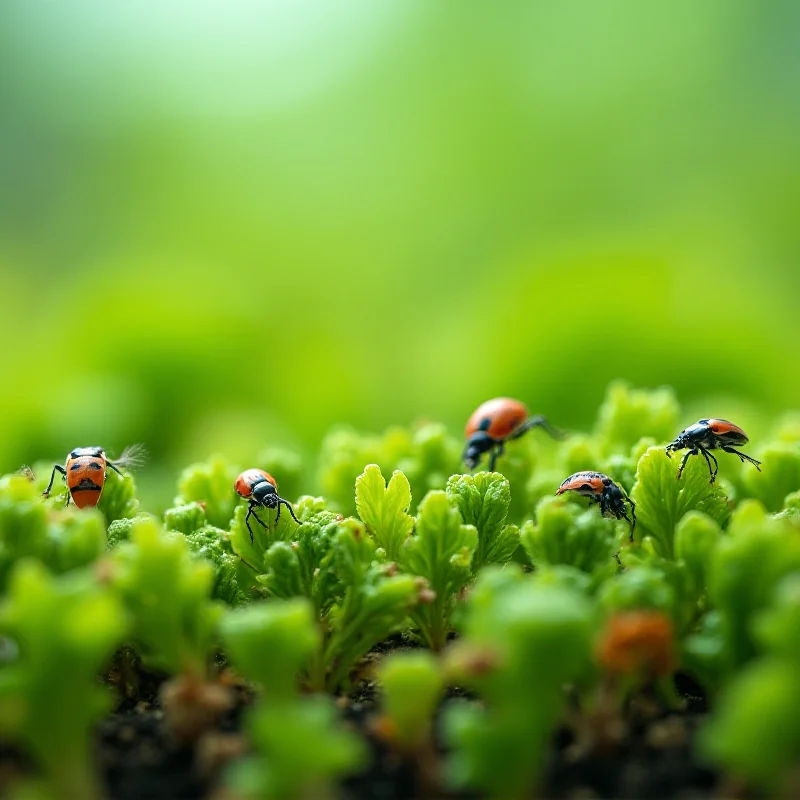 Close-up of various plants and insects thriving on a green roof, highlighting the biodiversity.